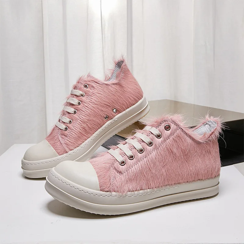 High Street Brand Pink Fur Women Sneaker Sneaker Men Thick Soled Low Top Round Toe Women Shoes