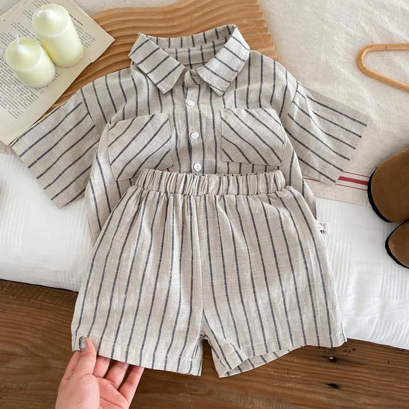 Baby clothes 0-5-year-old baby retro striped short sleeved sports set 2024 summer children\'s lapel shirt loosecasualtwo-pieceset