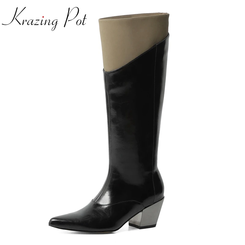 

Krazing Pot Cow Split Leather Pointed Toe Thick High Heels Mature Design Splicing Modern Boots Non-slip Slip on Thigh High Boots