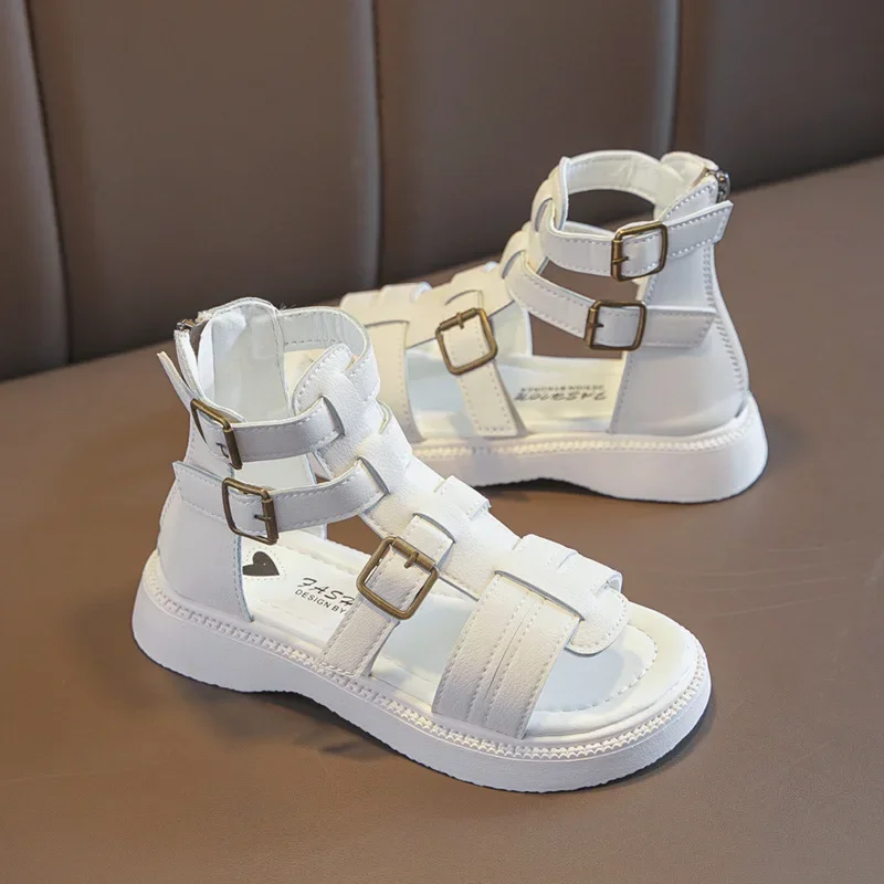 Children's Gladiator Sandals Summer Girls Causal Beach Sandals Fashion Soft Bottom Kids School Cut-outs Roman Sandals Back Zip