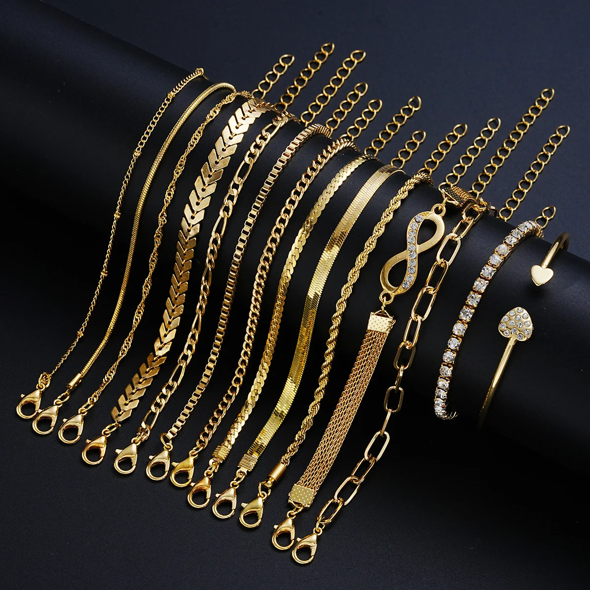 3/5/14 Pcs Punk Simple Metal Twist Bracelet Set For Women Fashion Gold Color Heart Zircon Tone Chain Daily Wear Jewelry Gifts