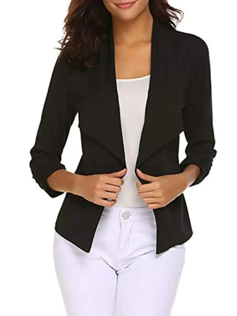 سترة نسائية غير رسمية مع جبهة مفتوحة ، جاكيت بأكمام طويلة ، سترة بقصة ضيقة ، أحادية اللون ، كم ، أزياء أنيقة