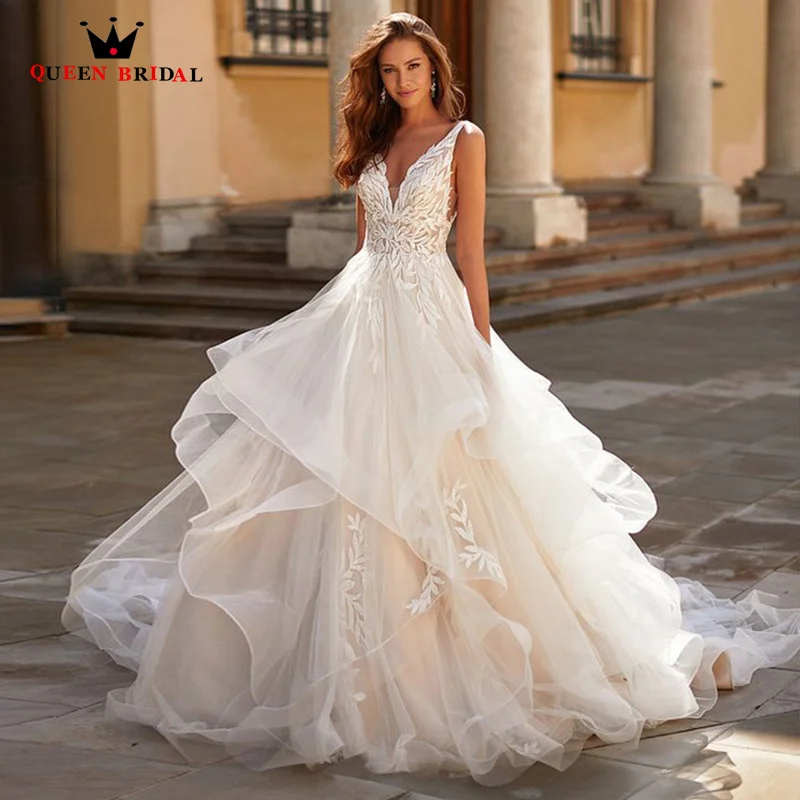 

Luxury Robes De Mariage V-neck Tulle Ball Gown Wedding Dress Sequined Beading Bodice Backless Vestidos De Noiva Custom Made TH01