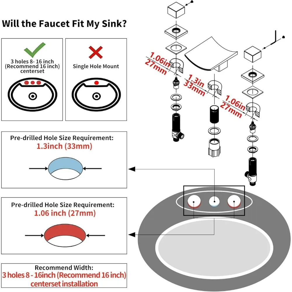 8 Inch Widespread Matte Black Waterfall Faucet Set with Light, Deck-Mounted Two-Handle Bathroom Fixture