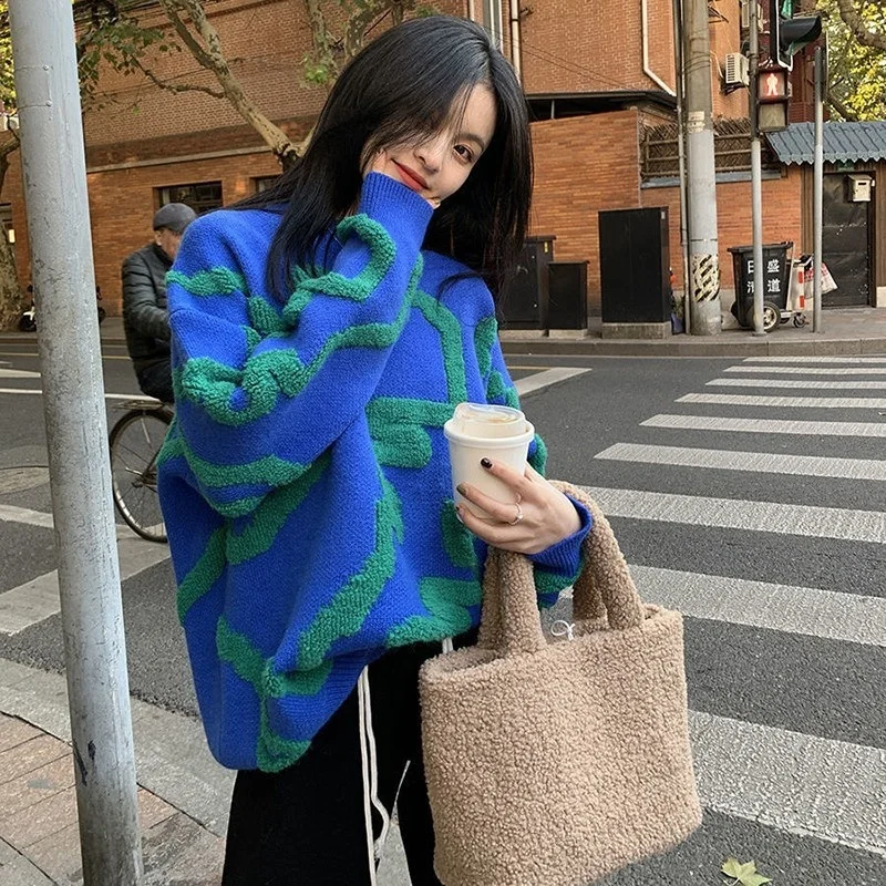 

Women's Sweater Traf Korean Clothes O-neck Y2k Knit Clothing Embroidery Outerwear Pullovers Long Sleeve Knitwears Official Coat