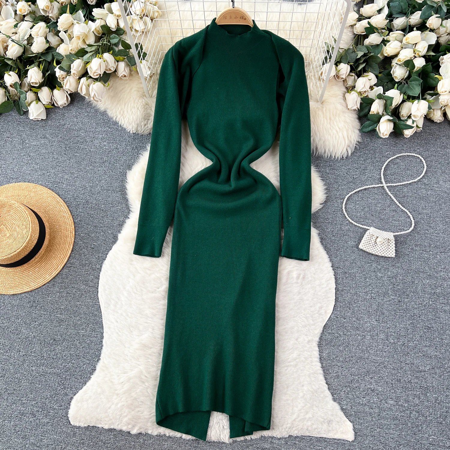 

Women Elegant Chic Two Pieces Sets Sexy Slim High Collar Knit Dress and Long Sleeve Coat Shawl Fashion Autumn Winter Sweater Set