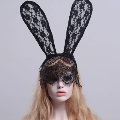 Ladies Bunny Rabbit Ears Lace Veil Venetian Masquerade Party Face Mask