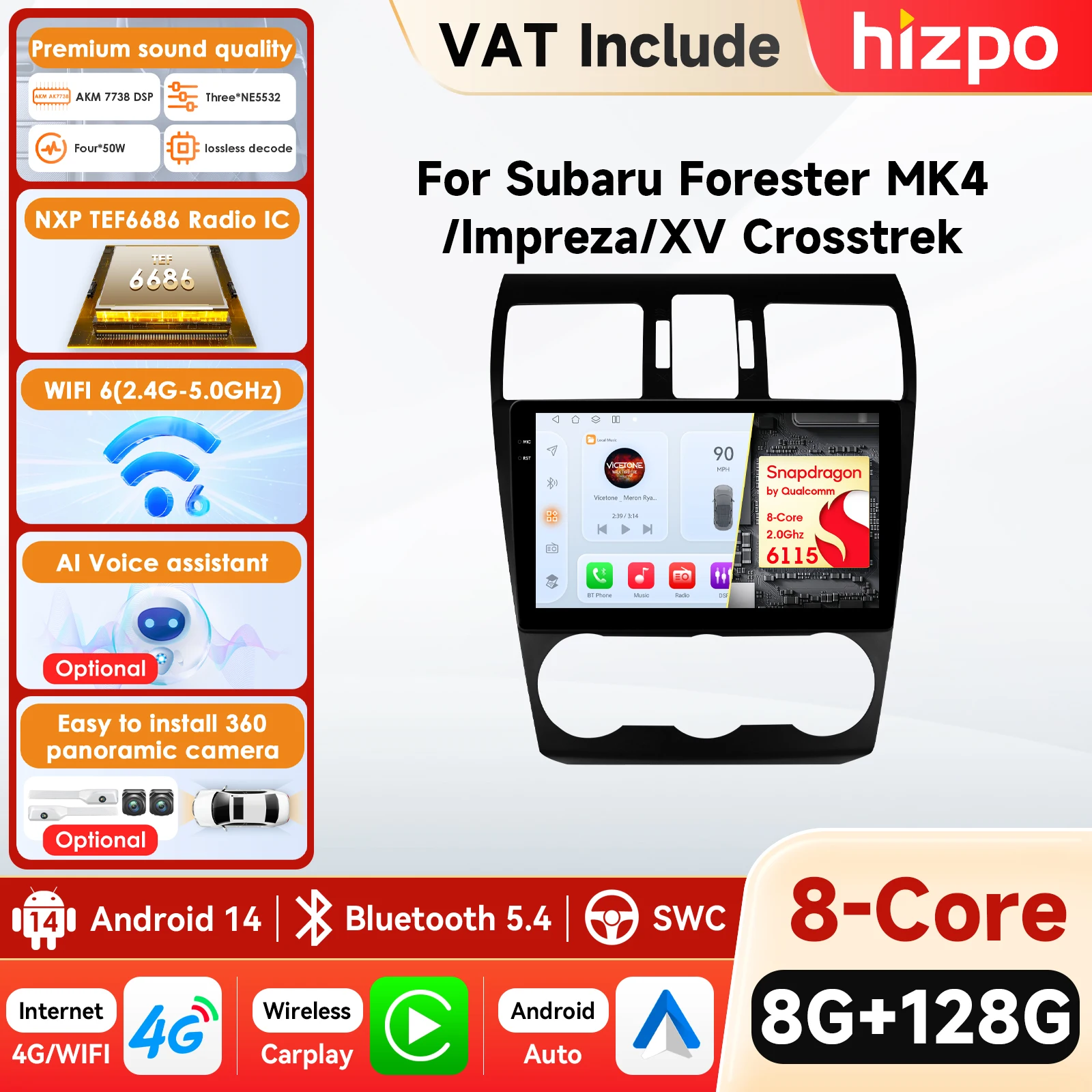 Radio samochodowe Hizpo 6115 Android14 do Subaru Forester MK4 Impreza XV Crosstrek 2012-2015 4G Carplay Odtwarzacz multimedialny Autoradio