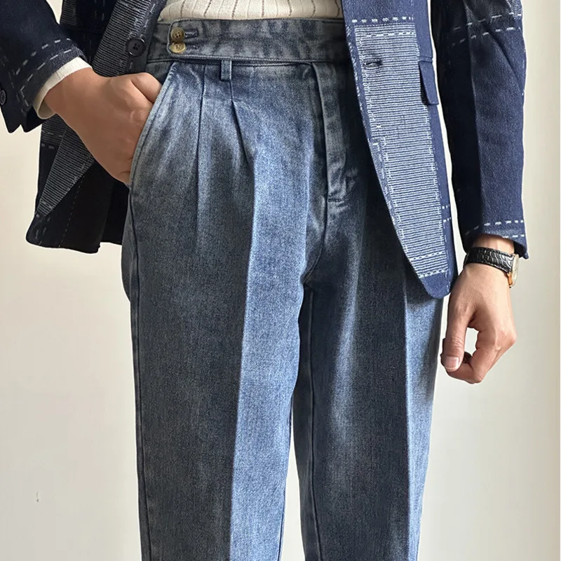 Straight Tube Loose Washed High Grade Business Pant Men Dress Trouser High Quality Double Pleated Jeans Straight Leg Pant Naples 3