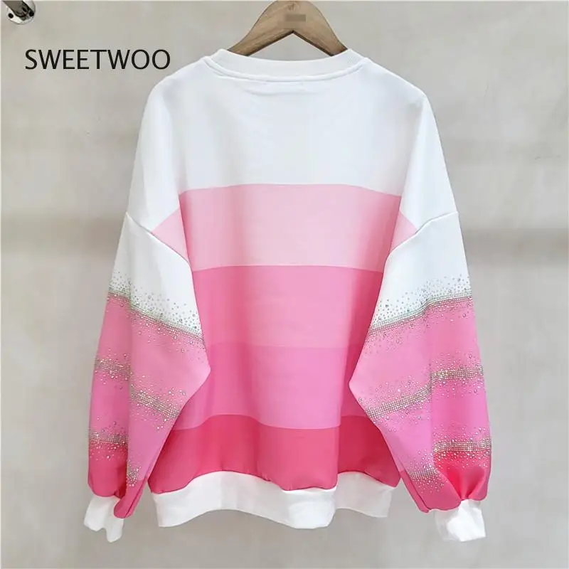 Hot Drilling Pink Pullover Sweatshirt Women Hoodies 2022 Spring New Tracksuit Fashion Elastic Casual Pants Female Two-Piece Set