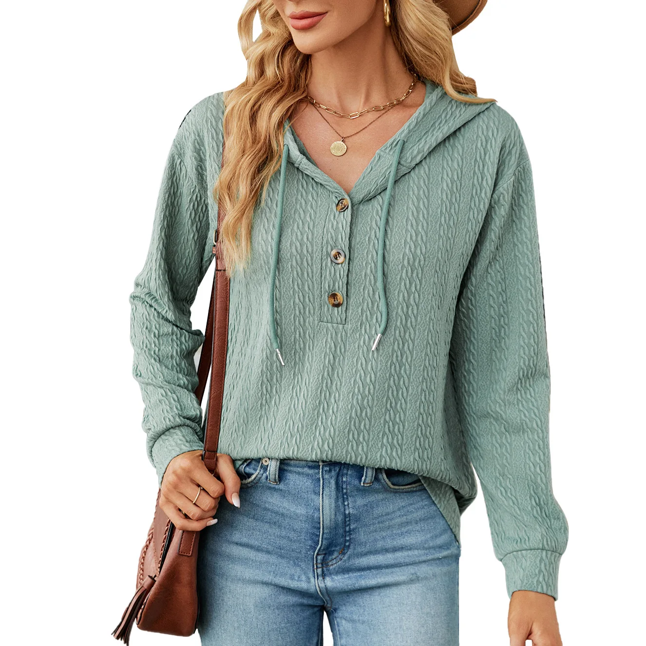 

Women's Fashion Autumn Winter Sweatshirts Casual V-neck Drawstring Button Long Sleeved Loose Hoodies Female Clothing Hooded Tops