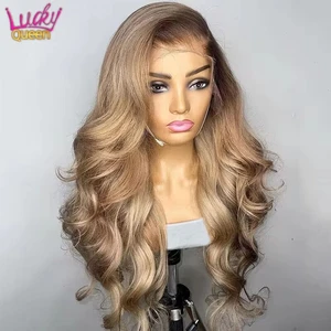 Ombre Blonde 13X4 Transparent Lace Front Human Hair Wig Brown Root Glueless Body Wave Ash Blonde 5X5 Closure Wig Pre Plucked
