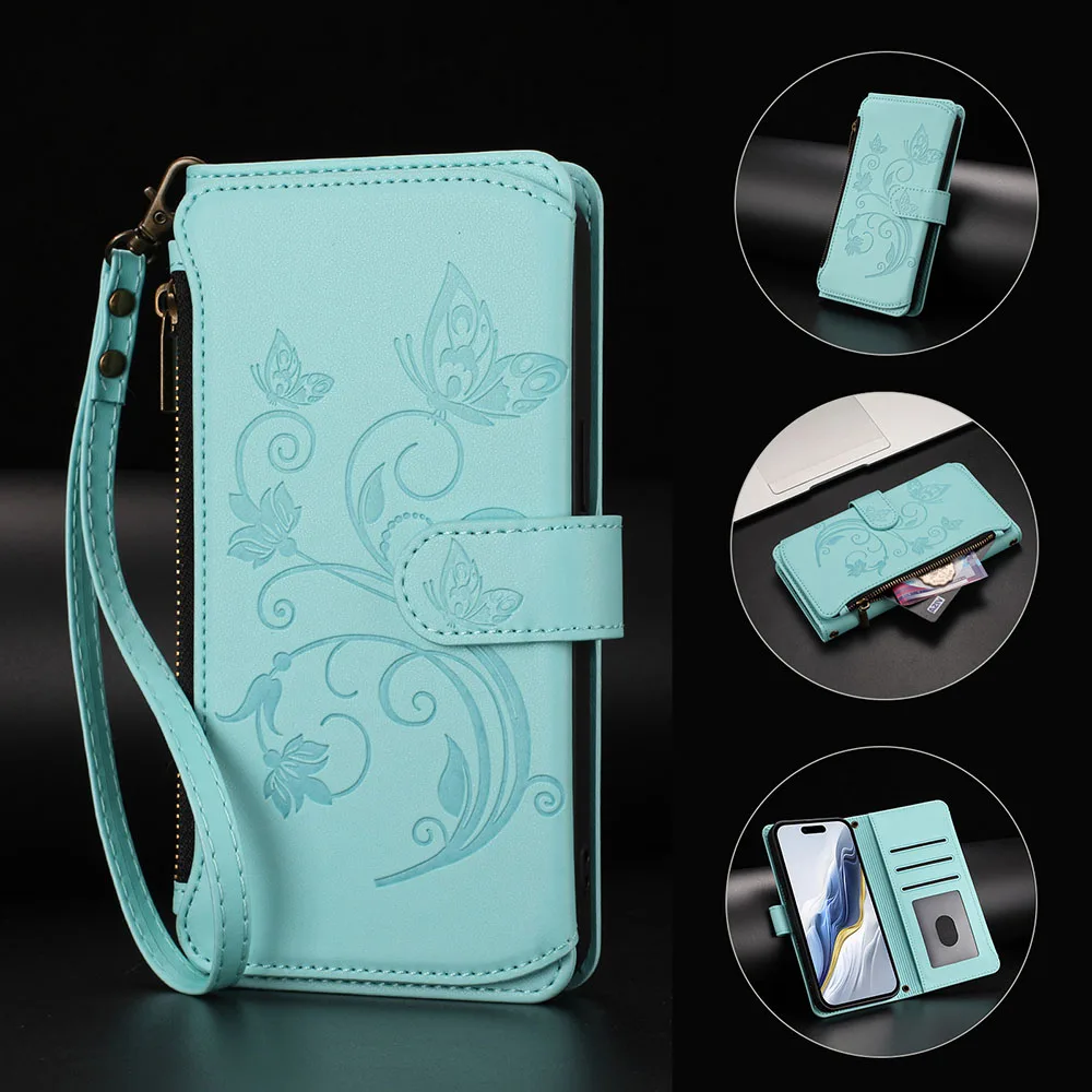 Elegant Zipper Wallet Flip Case with Card Slots and Stand Function