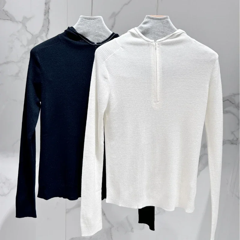 

100% Pure Wool Sweater Women Hooded Half-zip Slim Knitted Bottoming Shirt