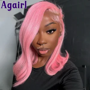 613 Colored Light Pink Short Bob Wavy Human Hair Wigs Transparent 13x4 Lace Frontal Bob Wig 180 density Bob Lace Wig Pre Plucked