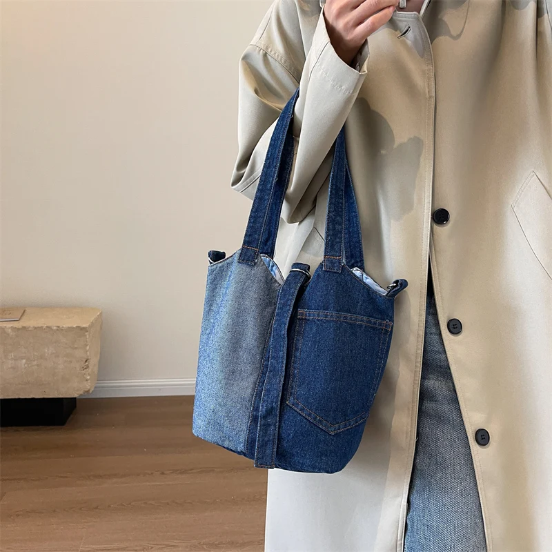 Patchwork Denim Women's Bag New Jeans Messenger Bag Y2K Canvas Shoulder Bag Cross Eco Bag Korean Shopping Satchel Bucket Handbag