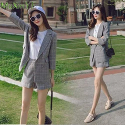 Women Causal Loose Blazer Shorts 2 Pcs Set Spring Summer 2022 Korean Office Lady Graceful Thin Gray Plaid Suit Coat Pant Outfits