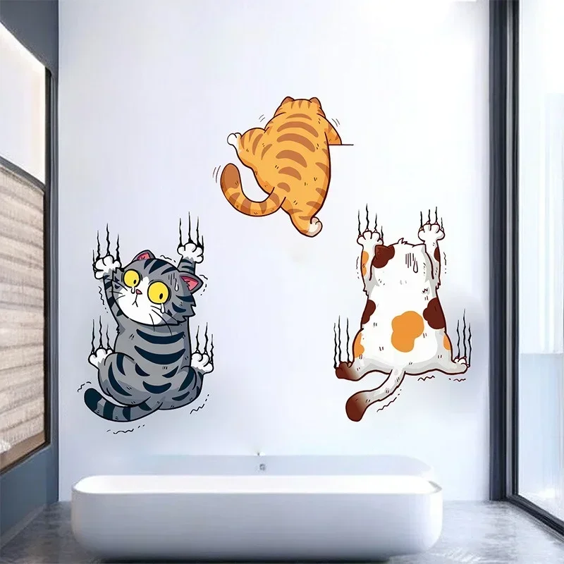 Wall Stickers 3 Pcs Cute Cat Climbing Toilet Decor Bathroom Mural Room Background Self-adhesive Decals