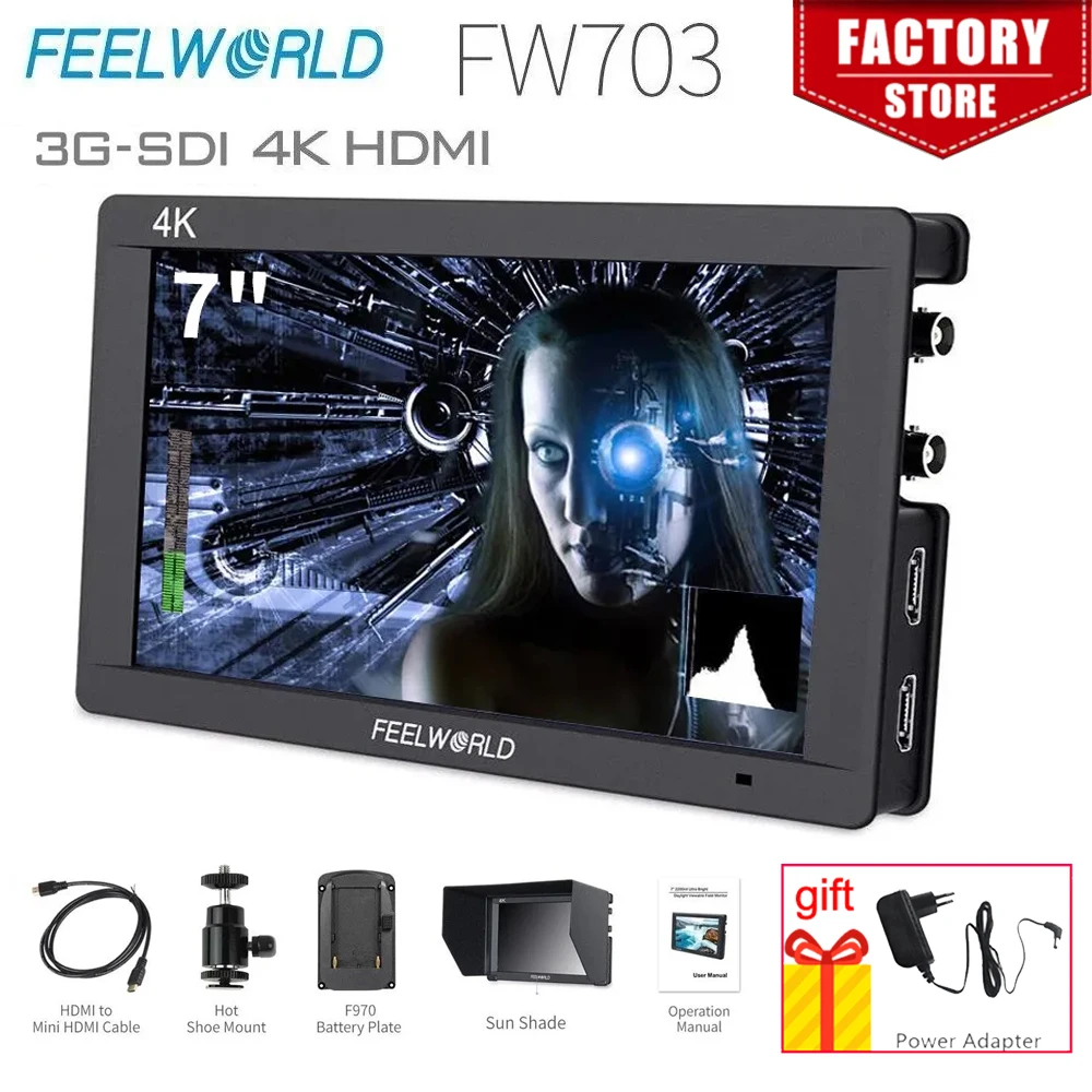 Feelworld Fw703 7 Pollici 3G Sdi 4K Monitor Su Fotocamera Ips Full Hd 1920X1200 Monitor Da Campo Hdmi Per Dslr Sony Nikon Stabilizzatore Canon