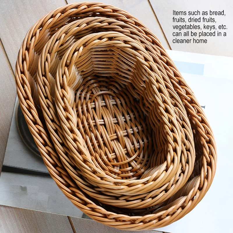 1Pcs Rattan Wicker Woven Serving Baskets for Bread Fruit Vegetable Handmade Oval Storage Basket Display Rattan Basket 6