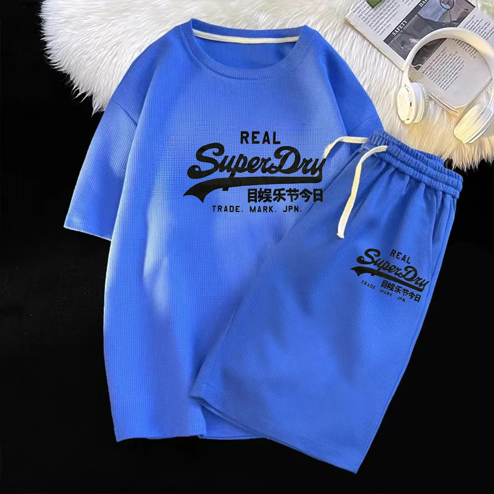 thumbnail image 1 of Conjunto de dos piezas de marca de verano con diseño de gofres para hombre, camisetas, pantalones cortos, traje deportivo para correr, conjunto de 2 piezas, chándal informal, ropa de calle, conjunto d, 1 of 5