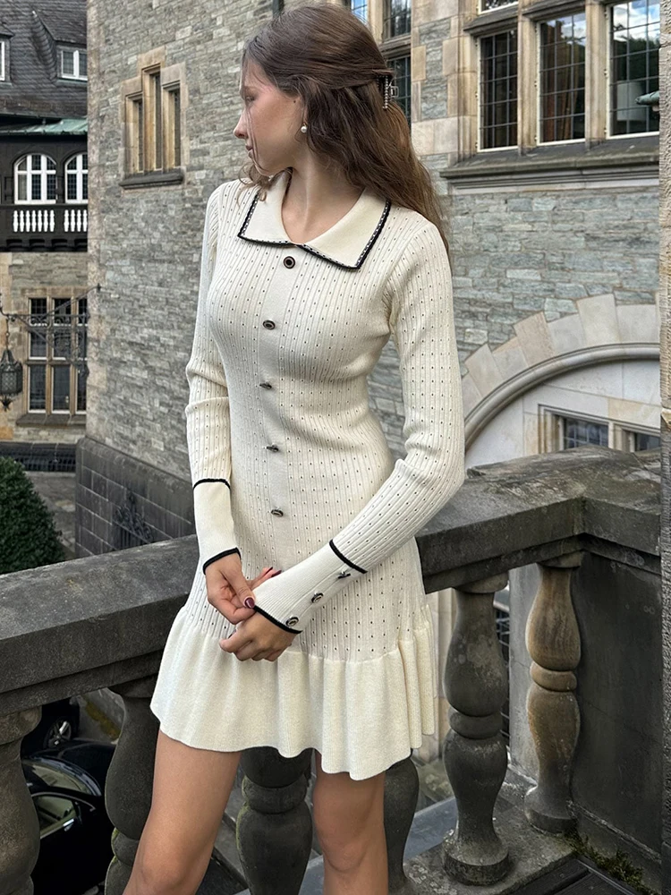 JULISSA MO Knitted Turn-down Collar Women Dress White Long Sleeve Single Breasted Dress Female Autumn Skinny Elegant Streetwear