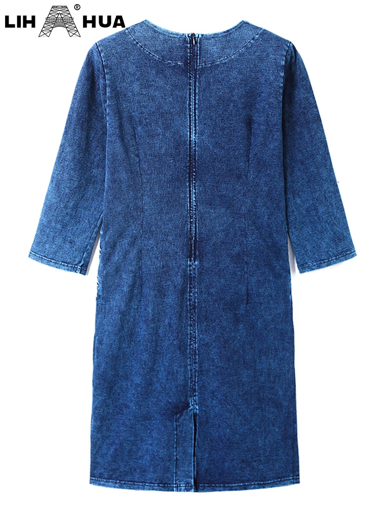 LIH HUA Women's Plus Size Denim Dress Autumn Chic Elegant Dresses For Chubby Women Round Neck Cotton Knitted Dress
