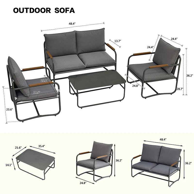 4-Piece Outdoor Patio Furniture Sets, Patio Conversation Set with Removable Seating Cushion, Courtyard Set for Home, Yard,