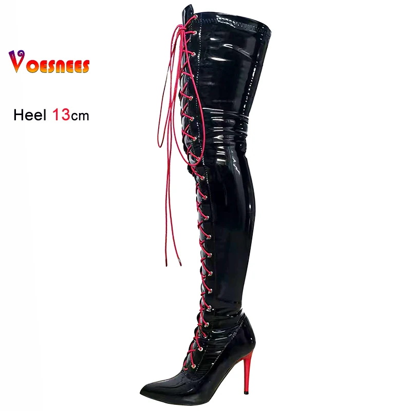 Sexy Dance Shoes 13cm Thin Heels Lady Sexy Black Over Knee Long Boots T Show Pointy Toe Club Thigh High Party Shoes For Women