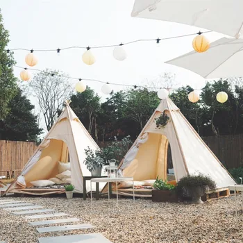 Outdoor Three Season Cotton Canvas Camping Pyramid Tent Adult Teepee Tent Indian Tipi Tent for 1~2 Person 6