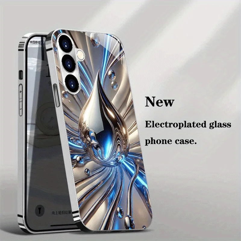 Blue Silver Electroplated Fluid Drop Pattern Glass Phone Case