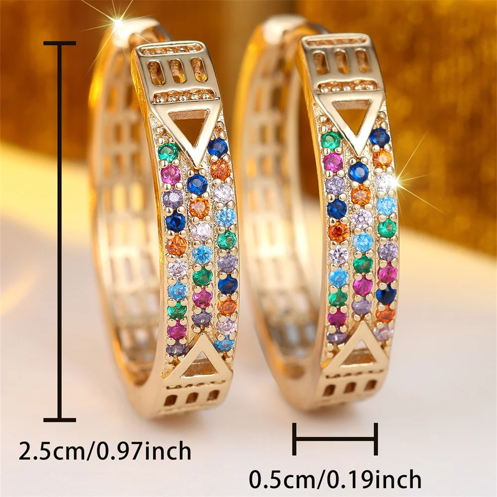 Three Row Small Round Stone Rainbow Zircon Hoop Earrings For Women Vintage Gold Color Ear Buckle Wedding Jewelry Valentine Gifts