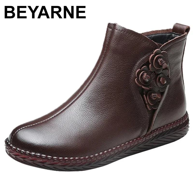 Genuine Leather Winter Warm Plus Fleece Short Boots Women's High Heel Non-slip Platform Shoes