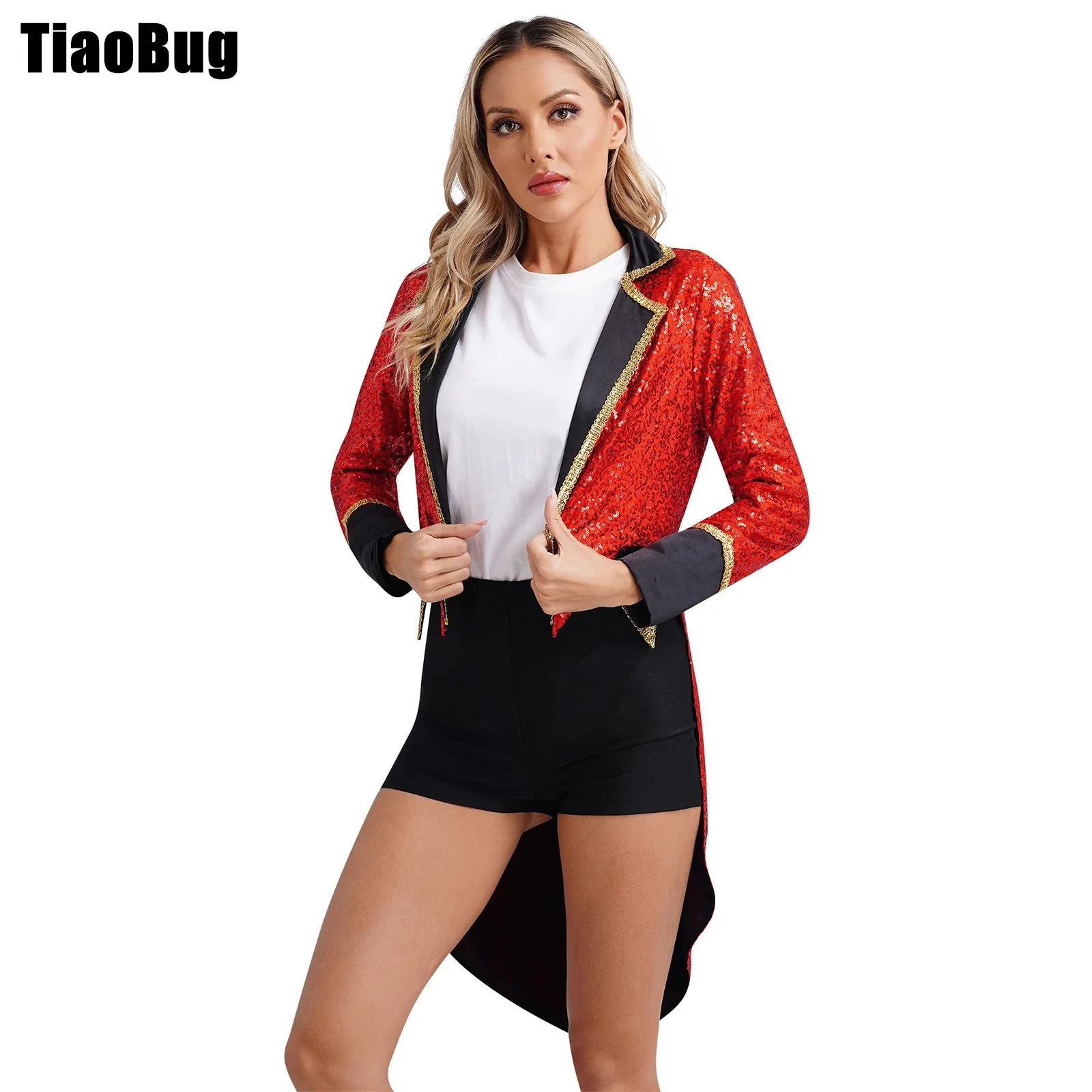 

Womens Halloween Circus Sequin Tailcoat Notch Lapel Long Sleeve Open Front Tuxedo Outerwear Ringmaster Magician Costumes