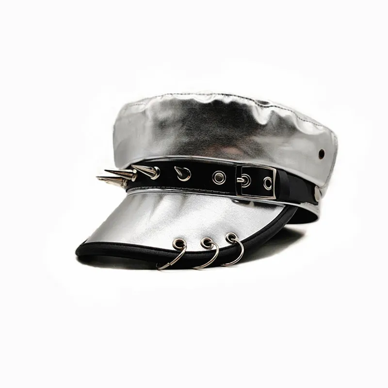 Korean Version New Original Spicy Girl Leopard Print Rivet Leather Buckle Flat Top Hat Subculture Leather Newsboy Hat