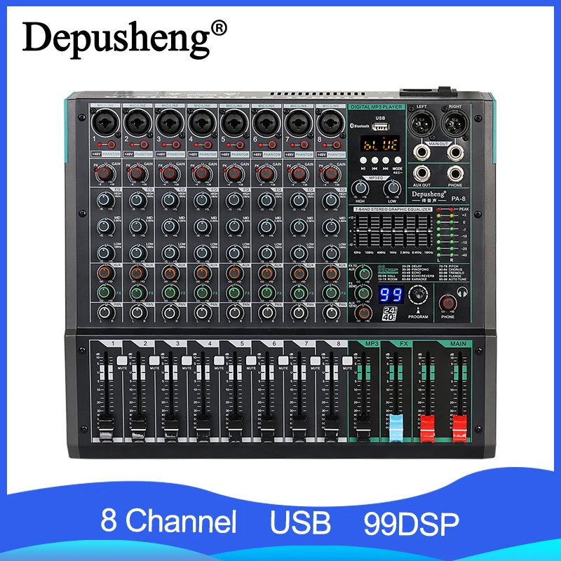 Table de mixage DJ son 8 canaux Console de réverbération Table de mixage de carte  son USB Table de mixage audio d'effet DSP pour l'enregistrement sur  ordinateur, bandes.