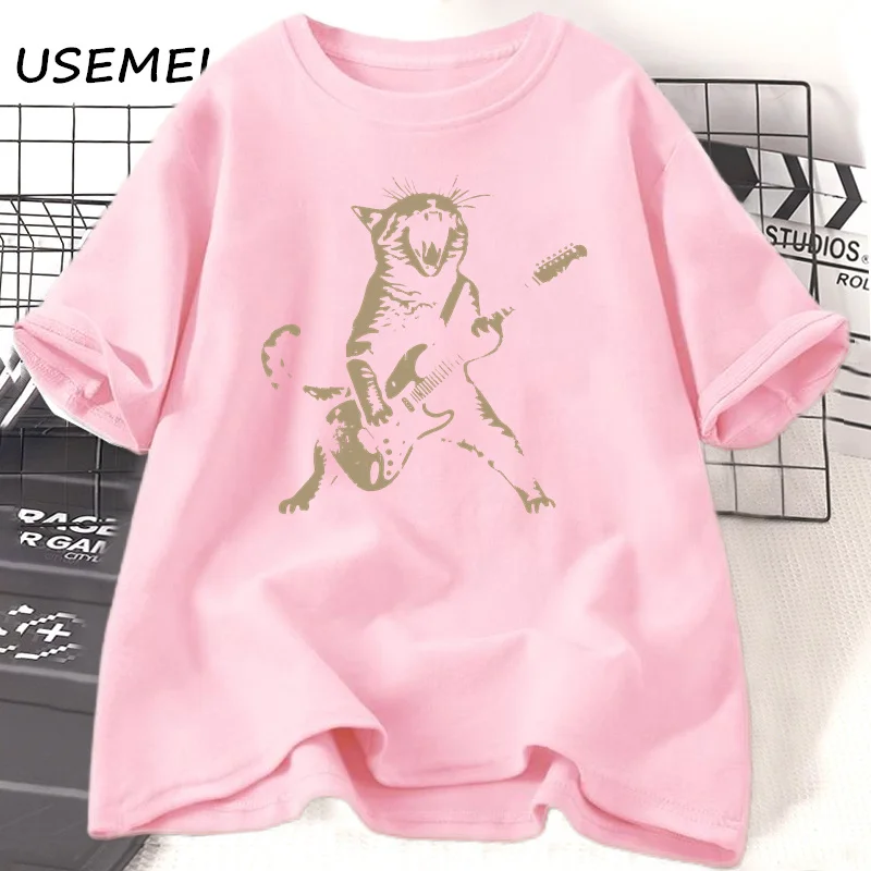 Rock Cat Playing Guitar T Shirt Women Men Funny Guitar Cat T-Shirt Casual Cotton Short Sleeve O Neck T-shirts Unisex Streetwear 2