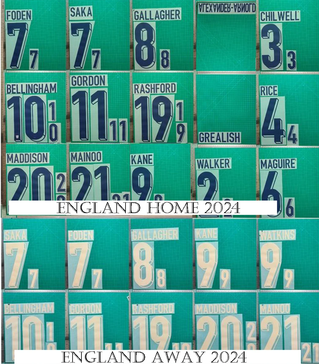 

High quality Name sets England 2024/25 Bellingham home and away name and number iron on Saka Foden Kane Rashford namesets