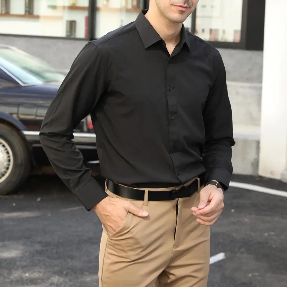 

3xl New autumn and winter elastic force non-iron men's long-sleeved business casual shirt solid color mercerized vertical shirt