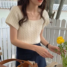 Women's Clothing Casual Korean Knitting Sweater Square Neck Short Sleeve Vintage Simplicity Fashion Baggy Ladies Tops Summer