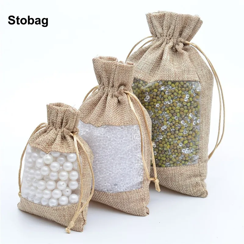 

StoBag 5pcs Linen Bags with Window Drawstring Candy Gift Jewelry Packaging Storage Bundle Pocket Reusable Pouches Party Favors