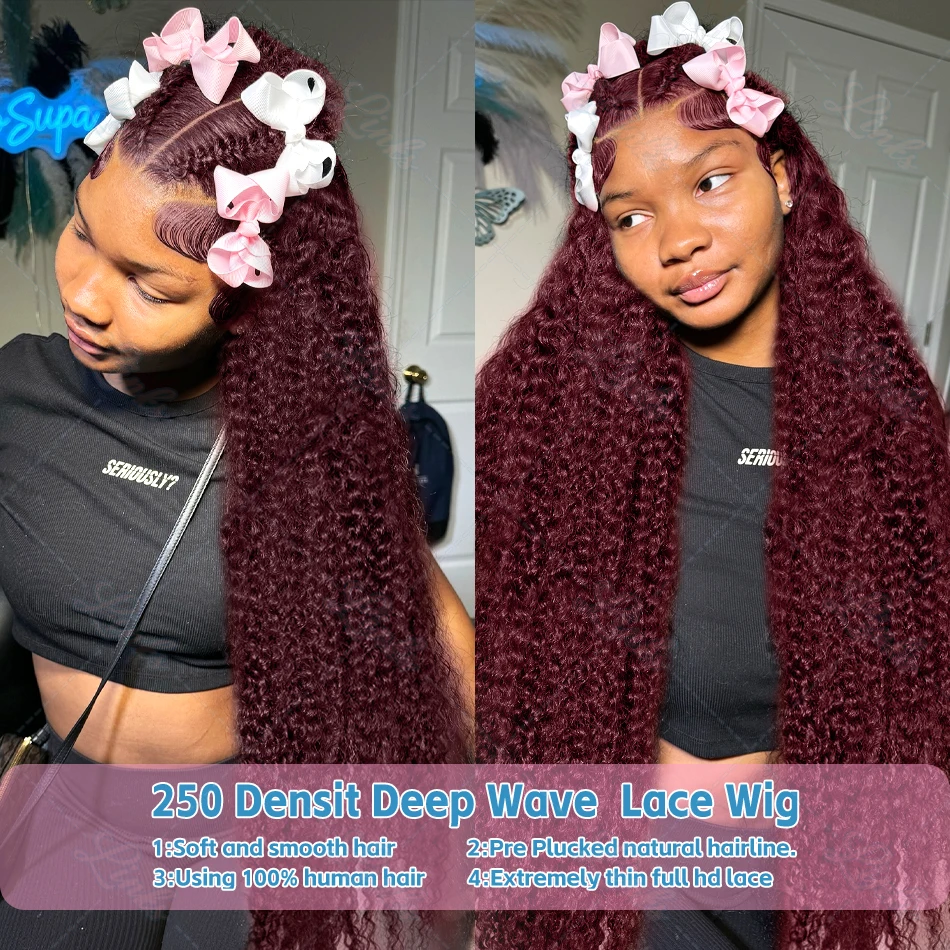 99J Burgundy Deep Wave 13x4 13x6 HD Transparent Lace Frontal Wigs Remy Water Curly 30 32 Inch for Women