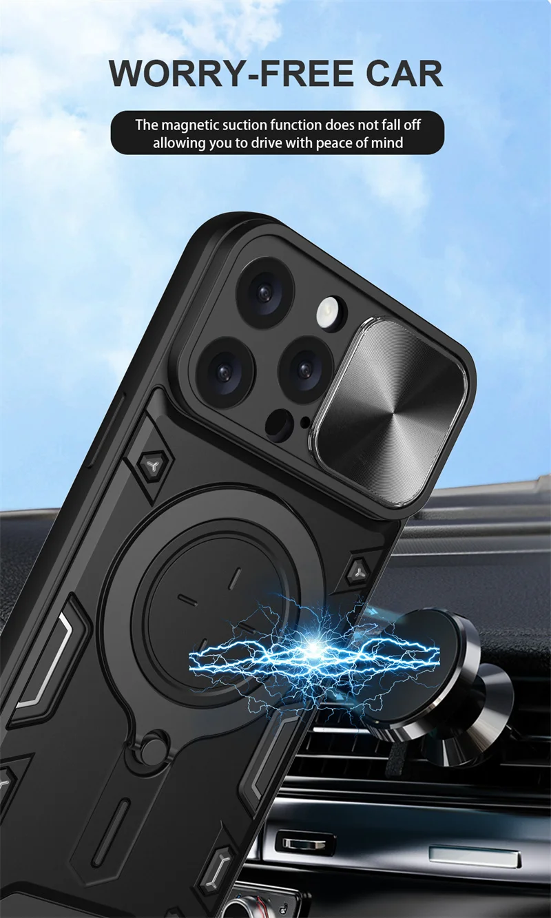 Ultimate Shockproof Armor Phone Case with Slide Lens Protector and Ring Holder Back Cover