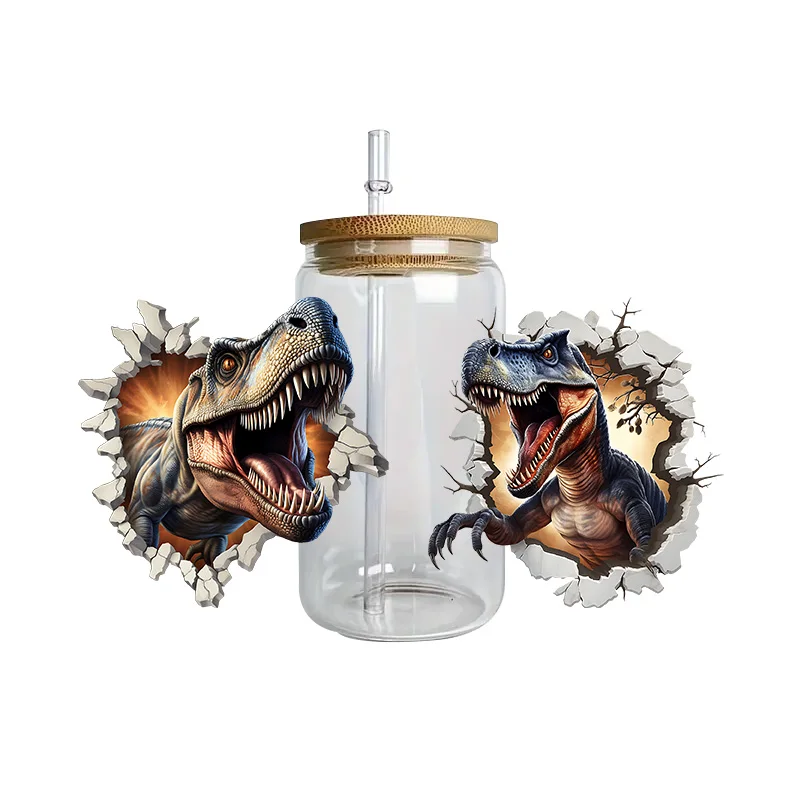 3d stickers cup wraps dinosaur series easy peel waterproof 3D transfers uvdtf crystal stickers for 16oz glasses