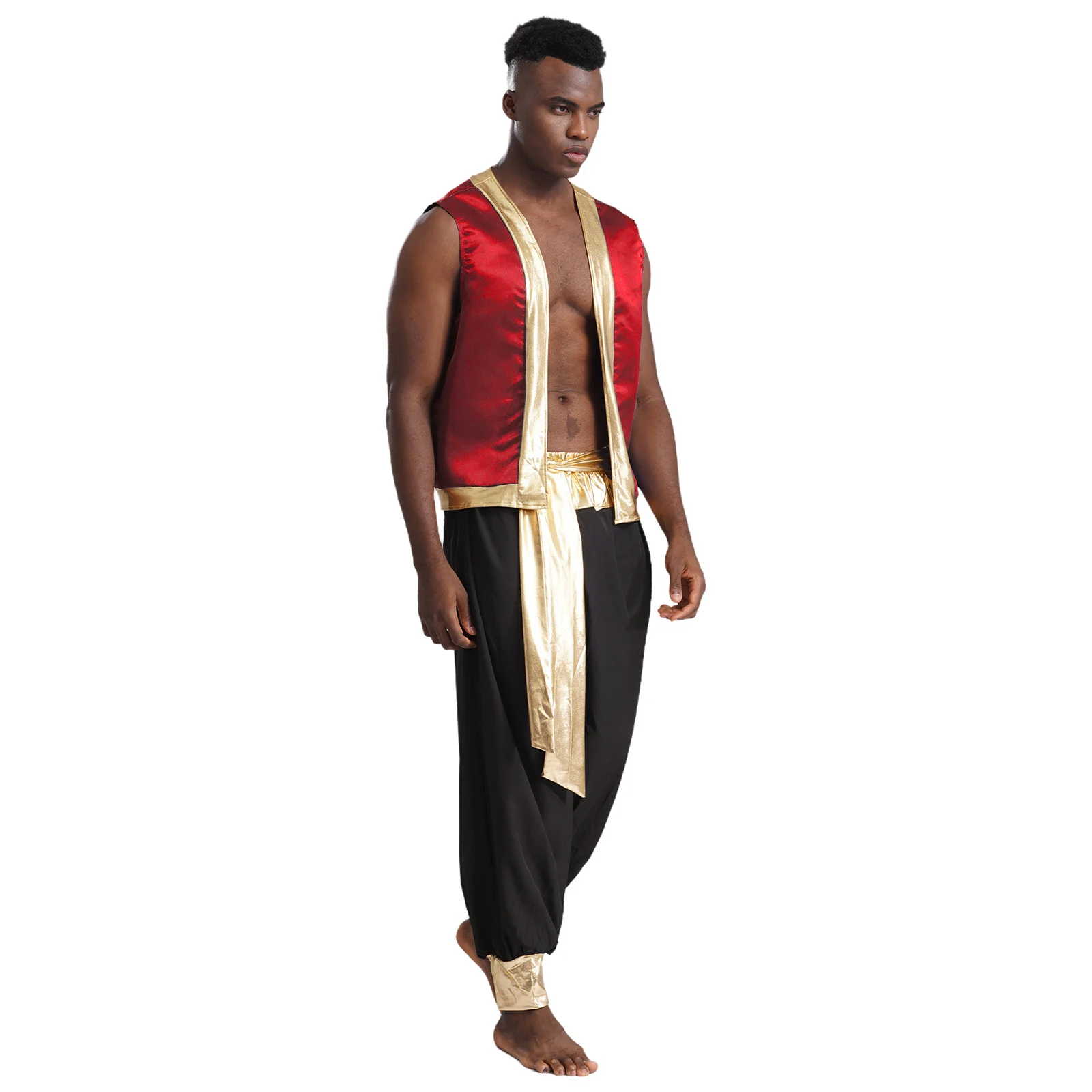 Costume da Principe Arabo per Uomo, Gilet Metallizzato Lucido con Bordo Decorativo e Pantaloni Lunghi, Set 2 Pezzi per Halloween e Feste in Maschera - immagine 4