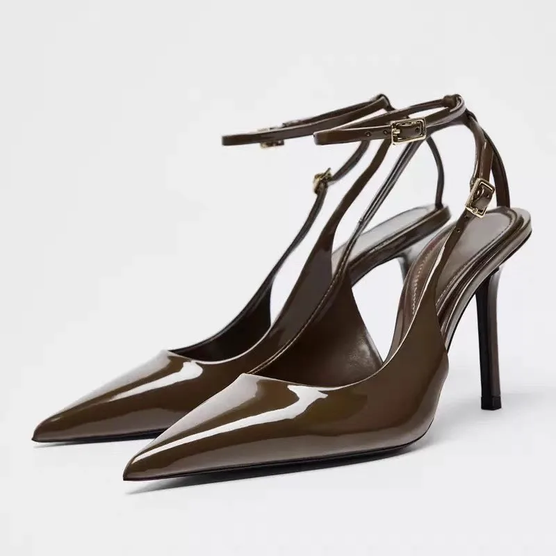 Women Sandals Women High Heels Summer Baotou Patent Leather Stiletto Sandals Women's Pointed Toe Shallow Mouth Slip Strap Non-slip High Heels