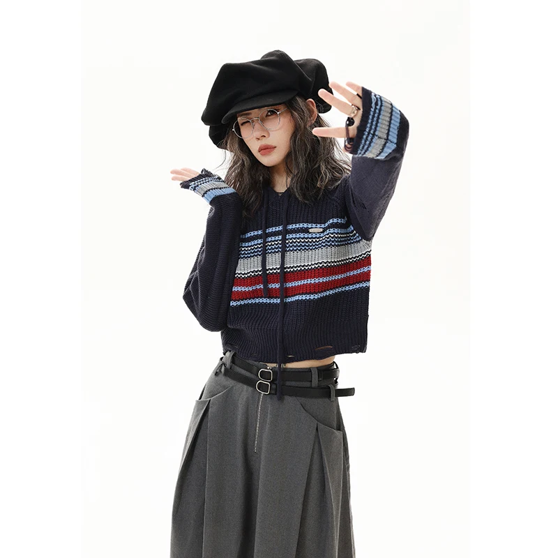 

Спортивный вязаный свитер в полоску, Осенний теплый винтажный Модный повседневный вязаный пуловер с капюшоном и длинными рукавами на шнурке, женские свитера