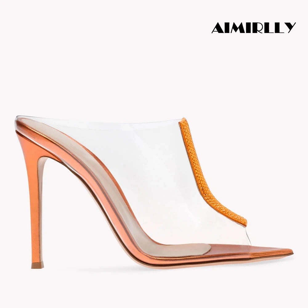 

Fashion Women's Sandals Pointy Sole High Heels PVC Slipper Shoes Ladies Wedding Party Dress Heel Mules Orange Silver