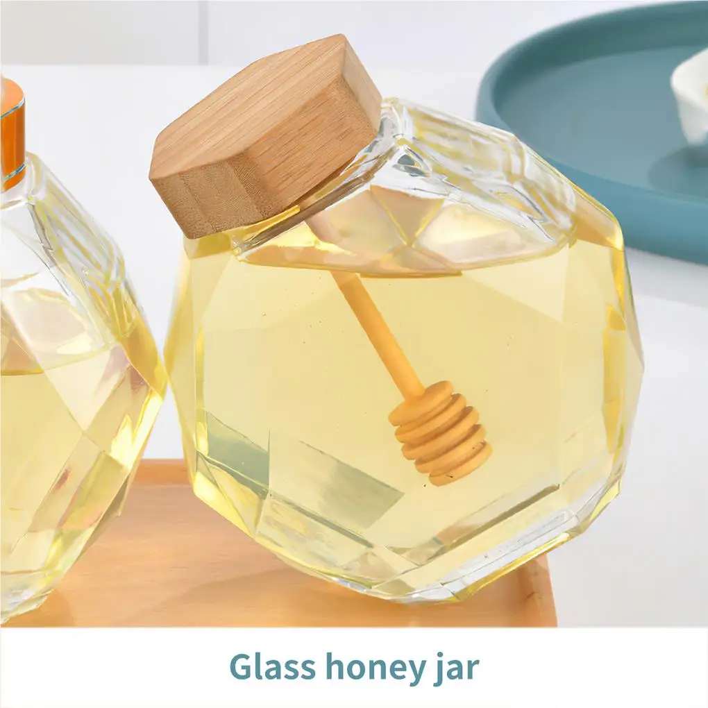 Hexagonal Glass Honey Jar with Lid Dipper Stick Storage Tank Container