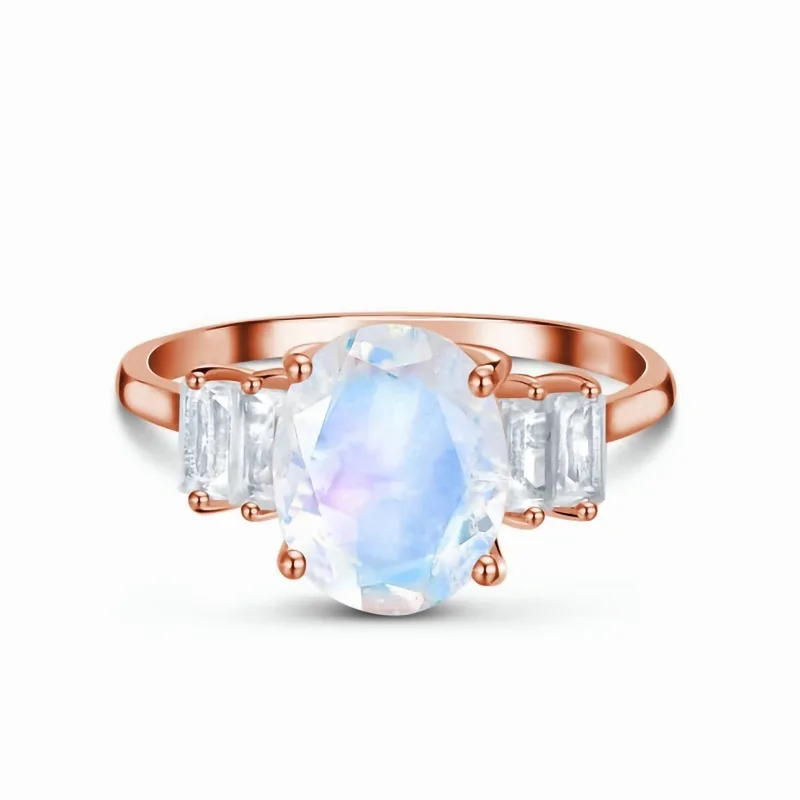 

S925 Sterling Silver Oval Moonstone Micro Zircon Rose Gold Ring Women's Light Luxury Exquisite Jewelry